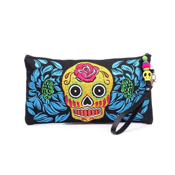 Frida Sugar Skull Clutch Hand Crafted Blue Yellow - Picture 1 of 1